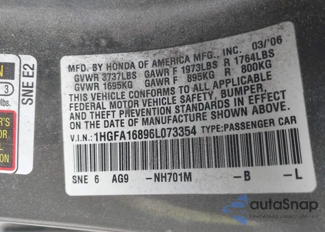 2006 Honda Civic Ex from USA, damaged, VIN 1HGFA16896L073354